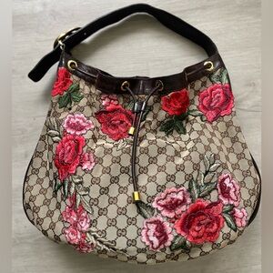 Authentic GUCCI Double G Drawstring Bag GG Canvas Leather 223951 Brown Hobo